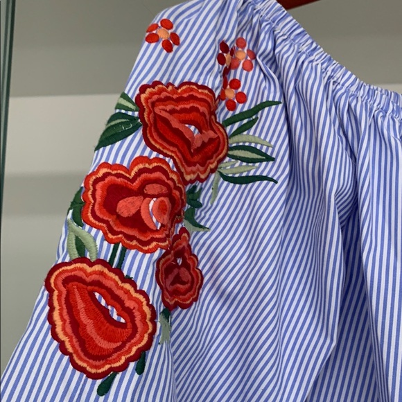 Small Blue Striped Off-Shoulder Top with Red Floral Embroidery - Picture 2 of 5